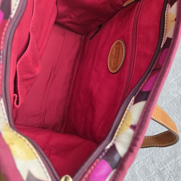 Fossil Keyper Large Tote Burgundy Floral Daisy design Handbag Coquette Holiday - Picture 6 of 16